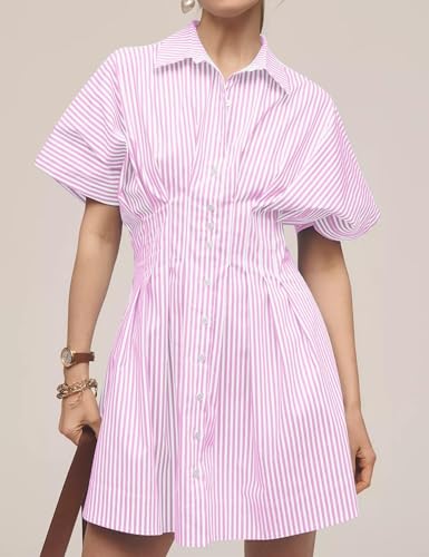 Image of Women Summer Short Sleeve Button Front Pleated Shirt Dress Striped Collar V Neck Casual Y2k Swing Short Mini Dress