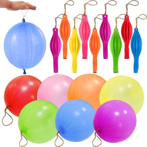 AMZSystems - Pack 10 Globos Punch XL Grandes con Cinta Elástica Globos Perforación de Látex Colores Surtidos para Juegos Infantiles Fiestas y Actividades al Aire Libre ads