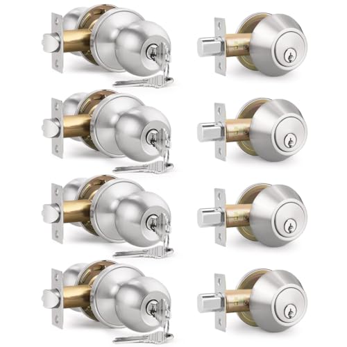 Brotima 4 Pack Keyed Entry Door Knob and Single Cylinder Deadbolt Combination Set in Satin Nickel Keyed Alike Exterior Knob Door Handle and Deadbolt Lock and Key Round Locking Lever Handle Set