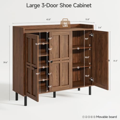 Image of ONBRILL Shoe Cabinet with 3 Doors and Adjustable Shelves, 30 Pairs Shoe Storage Cabinet, 40 Inch Tall Farmhouse Shoe Rack Shoe Organizer Cabinet for Entryway Living Room Closet, Walnut