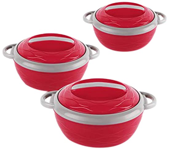 Image of Cello Opalware Dazzle Tropical Lagoon Dinner Set, 13Pcs, White & Cello Hot n Fresh Casserole Set with Inner Steel, Set of 3 (500ml, 1000ml, 1500ml), Red