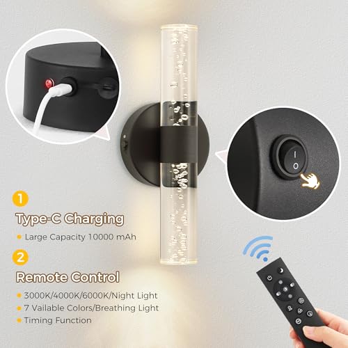 Image of DORESshop Battery Operated Wall Sconces Set of 2, 10000mAh Rechargeable Wall Sconce with Bubble Crystal, 9 Color Dimmable Wireless Wall Sconce, Sconce Wall Decor for Living Room, Bedroom, Black 12in