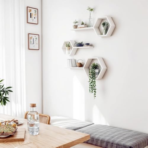 Image of Engineered Wood Woden Hexagonal Shape Wall Hanging Rack Floating Shelves for Display for Photos,Plants Living Room, Bedroom,Bathroom, Kitchen, Office Decor (White)