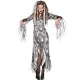 Disfraz de zombi para mujer de Yummy Bee. El traje de calidad hecho a mano incluye: vestido largo envejecido en tonos grises más largo en la parte posterior que la parte delantera con bordes desgastados y mangas largas de campana. Tattered Draping Tiras de tela para el cabello con 2 clips de seguridad para fijación