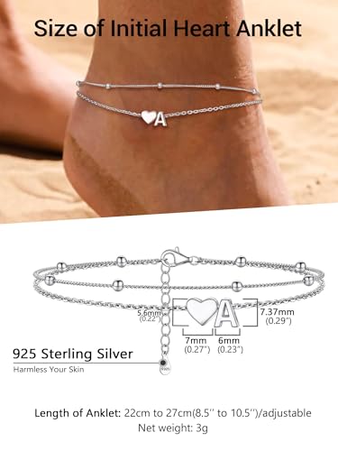 Image of PROSILVER Ankle Bracelets for Women S925 Sterling Silver Anklets for Women Waterproof, Dainty Layered Heart Anklet, Beach Initial Anklet for Summer, Letter A-Z