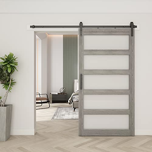 Barnsmith 42In X 84In Glass Barn Door With 7Ft Sliding Door Hardware Kit Included & Handle,5-Panel Frosted Glass Solid Wood Slab With Water-Proof Pvc Surface,Pre-Drilled Easy Assembly,Grey #TOP9