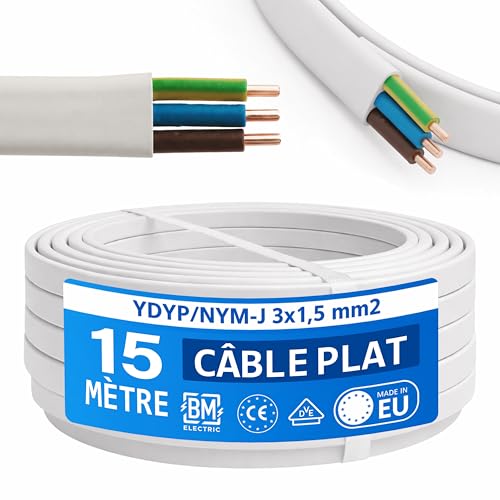 BM Electric Câble d'alimentation YDYp NYM 3 x 1,5 - Câble plat pour passage de fenêtre - Câble plat 3 x 1,5 pour installation électrique - 300/500 V
