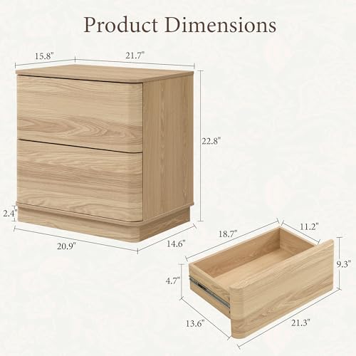 Image of Yechen Nightstand with 2 Push to Open Drawers Storage | 22'' Rounded Eges Bedside Table with Hidden Drawer, Modern Wooden End Tables for Bedroom, Curved Profile, Natural Oak