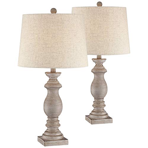 Regency Hill Patsy Country Cottage Traditional Table Lamps 26.5" High Set Of 2 Beige Washed Fabric Tapered Drum Shade Decor For Living Room Bedroom House Bedside Nightstand Home Office #TOP1