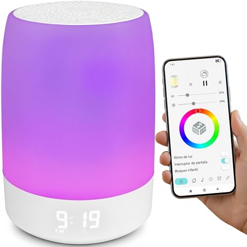 LUMS Máquina de Ruido Blanco con Reloj y 32 Sonidos Relajantes – Bluetooth y App de Control – 8 Colores de Luz Nocturna – Portátil con Batería Recargable 8H – Ideal para Dormir Bebés, Niños y Adultos