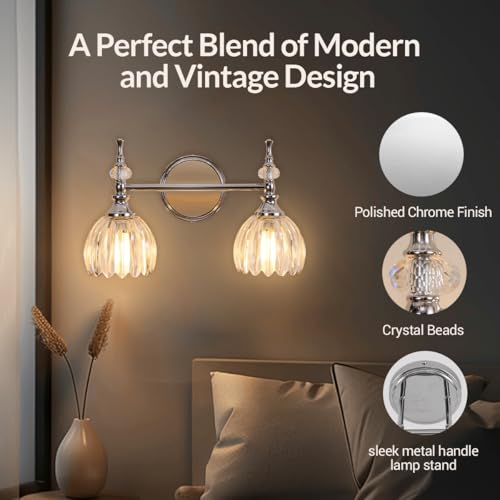 Image of ANDY STAR 2-Light Chrome Bathroom Vanity Light, Transitional Sconce | Ribbed Glass & Crystal Accent, Damp-Resistant, Ceramic E12 Base, Reversible Up /Down Mounting