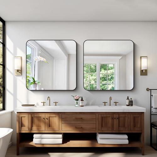 Image of Black Bathroom Mirrors for Wall, 30 inchx30 inch Square Mirror, Rounded Corner Metal Frame Wall Mirror, Bathroom Vanity Mirror for Bedroom Living Room Entryway Horizontal Or Vertical Mounting