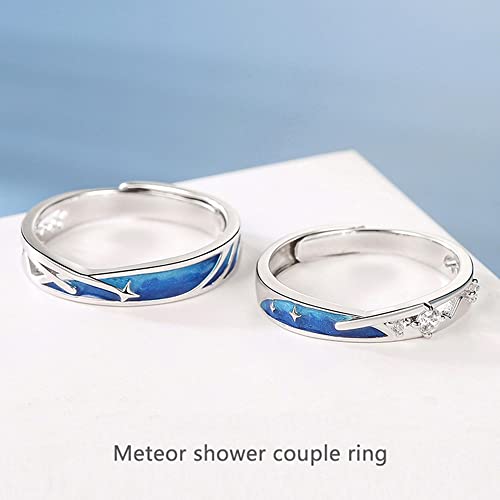 Meteor Shower Matching Couple Rings for Him and Her Sterling Silver 925 Crystal Cubic Zirconia Starry Sky Lucky Star Engagement Wedding Ring Promise Ring Statement Band Adjustable Finger Bands Set4