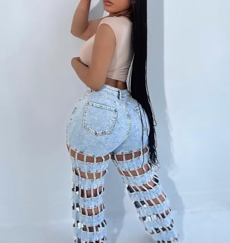 Hollow Out Jeans Women High Waisted Straight Wide Leg Trendy Cutout Ripped Party Denim Pants3
