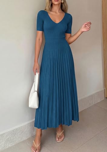 Image of PRETTYGARDEN Women's 2026 Spring Midi Sweater Dresses Elegant Pleated Ribbed Knit Short Sleeve V Neck A Line Summer Outfits