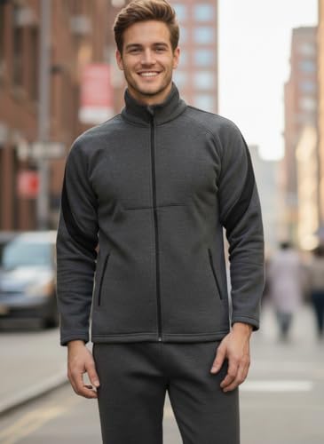 Image of CHKOKKO Men's High Neck Winter Tracksuit Set with Full-Zipper Upper & Elasticated Waist Jogger Pants | Warm Soft Solid Activewear for Gym, Running & Casual Use