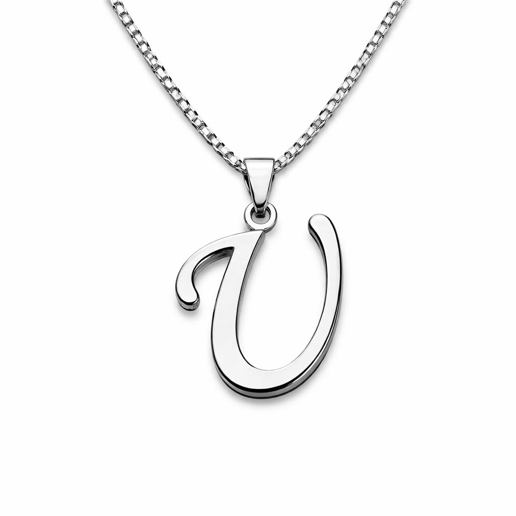 English Alphabet Initial Charms Letter Initial U Alphabet Silver Stainless Steel Letters Script Name Pendant Chain Necklace from A-Z for For Men And Women | Jewellery Accessories for Boys | Minimal Jewelry | Gifts for Boyfriend & Husband | Gift for Diwali, Christmas, Marriage, Birthday