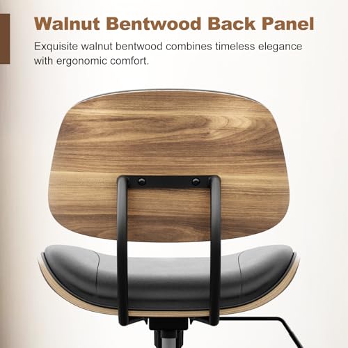 Image of Armless Office Chair with Wheels, PU Leather Adjustable Height Desk Chair - 360 Swivel Ergonomic Computer Chair for Small Space, Modern Walnut Style, Home & Meeting Room, Black