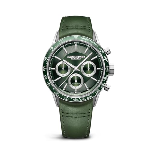 RAYMOND WEIL Freelancer Men's Automatic Watch, Chronograph, Green Dial with Indexes, Stainless Steel, Green Leather Watch, 43.5mm (Model: 7741-SC7-52021)
