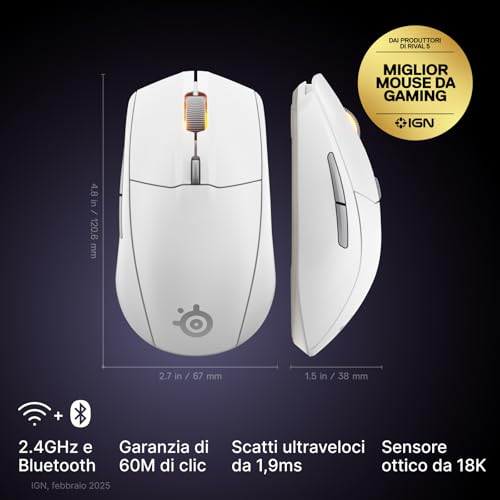 Rival 3 Wireless Gen 2 - Mouse Gaming - 2,4 GHz e Bluetooth - Sensore ottico TrueMove Air da 18000 DPI - Durata 60 milioni di clic - Leggero - Piedini 100% PTFE - Bianco - Mouse gaming - Immagine 1