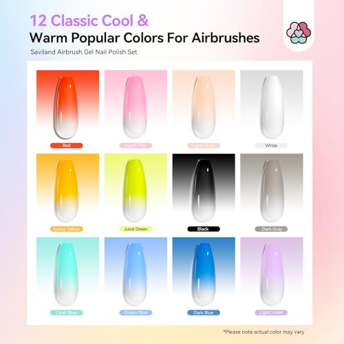 Image of SAVILAND Airbrush Gel Nail Polish Hema-Free: Dilution-free 30ML Airbrush Polish Set, Cool & Warm Colors Non-Acetone Airbrush Stencils for Nails Airbrush for French Nail Art Manicure DIY Salon & Party