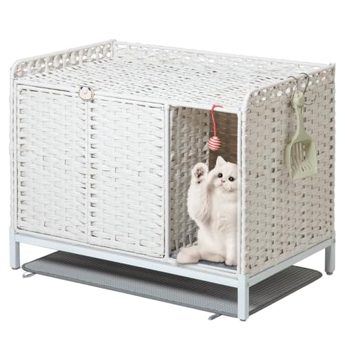 Image of SETVSON Cat Litter Box Enclosure Furniture with Divider, Hidden House White | Handwoven PE Rattan with Washable Mat, 3.54-In Heightened Metal Feet, 31.2 x 19.6 x 24.2 Inches Spacious Cabinet