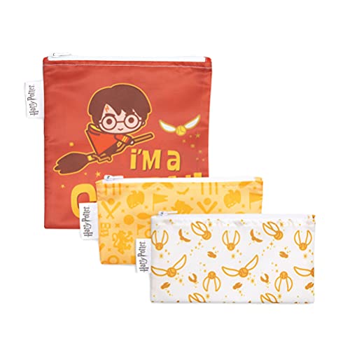 Image of Bumkins Reusable Sandwich and Snack Bags, for Kids School Lunch and for Adults Portion, Washable Fabric, Waterproof Cloth Zip Bag, Travel Pouch, Food-Safe Storage, 3-pk Harry Potter Quidditch