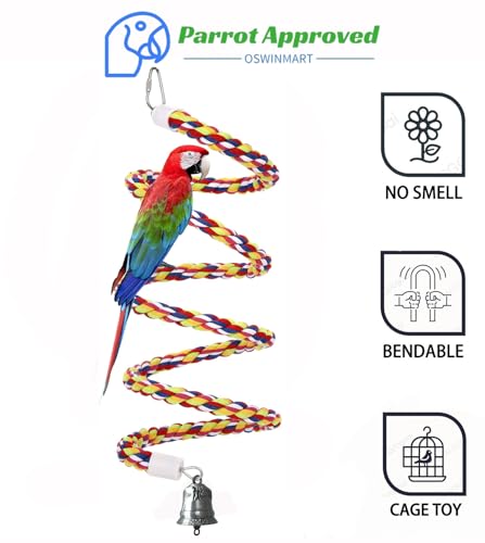 Image of 63'' Bird Rope Perches Birdcage Swing Toys 100% Cotton Natural Bird Perch Peck /Chewing with Vintage Bell Climbing Standing Bungee Parrot Toys for Small to Regular Size Parrot Cockatiel Birds