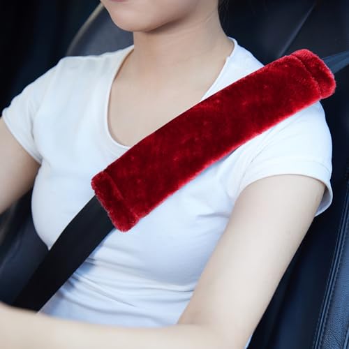 MOONET 2 Packs Car Seatbelt Covers Shoulder Pad for More Comfortable Driving, Universal Seat Belt Cover for Handbag Camera Backpack Straps, Soft Faux Sheepskin Wool Seat Belt Cushion (Claret)