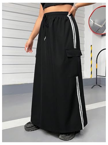 Women's Plus Size Stripe Side Cargo Skirt Drawstring Elastic Waist Maxi Long Skirts2