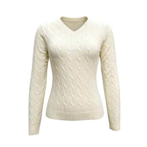 V Neck Sweaters for Women Cable Knit Fitted Long Sleeve Pullover - image 4