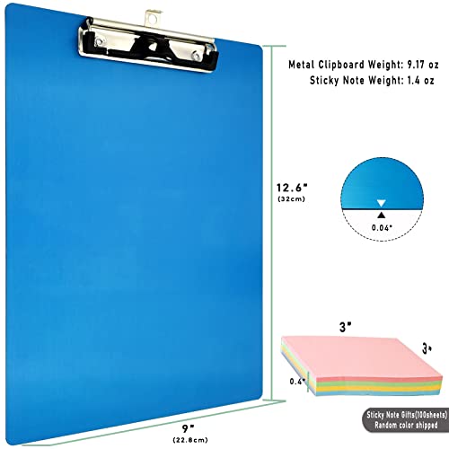 Aluminum Metal Clipboard Stainless Hangable Pen Holder Low-Profile Clip Board Size A4 9" X 12.6" With Sticky Note For School Office Business Medical Professionals Workshop Factory (Blue, Aluminum-A4) #TOP5