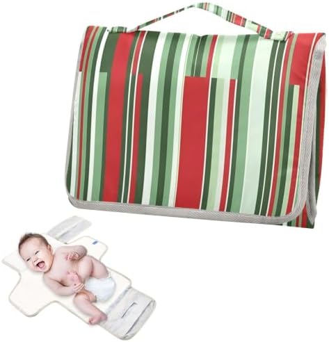 Kagirah Red Green Lines Portable Changing Pad with Built-in Pillow, Waterproof Foldable Baby Diaper Changing Pads, Diaper Mat for Boys and Girls - 1