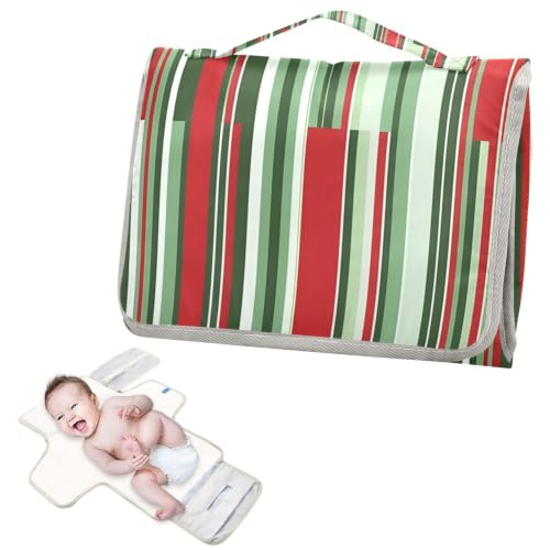 Kagirah Red Green Lines Portable Changing Pad with Built-in Pillow, Waterproof Foldable Baby Diaper Changing Pads, Diaper Mat for Boys and Girls