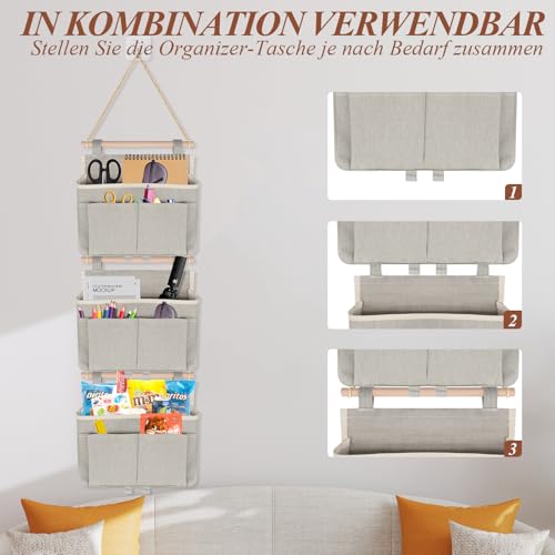KASURE 4 Stück Hängende Aufbewahrungstasche,Faltbares Leinen Wand Organizer, 3 Fächer mit, mit 4 Haken，Hängend für Zuhause/Schule/Büro/Geschäft/Wohnmobil/Zelt
