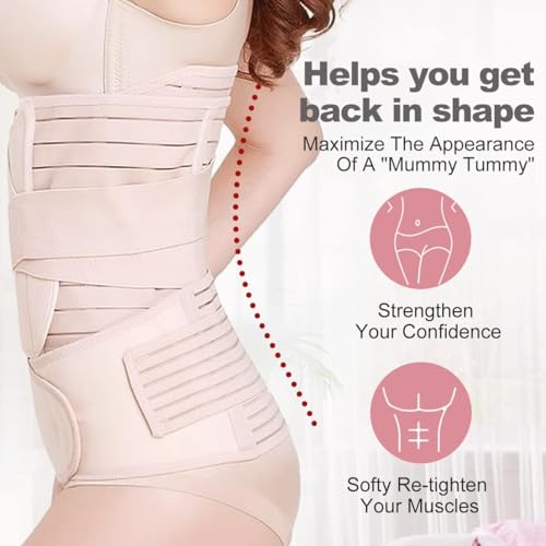 Image of Amazon Brand - Solimo 3-In-1 Postpartum Belly Band Post Pregnancy Abdominal Belt After Delivery Waist & Pelvis Slimming Shapewear Tummy Reduction (Free Size) (Beige)