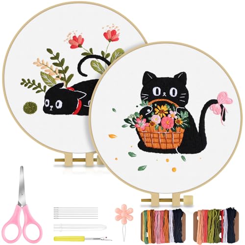 Image of TINDTOP 2 Pack Embroidery Kit for Adult Beginners, Embroidery DIY Starter Kit, with Black Cat and Flowers Stamped Patterns, Hoop, Tools, Colorful Threads with Needles, Instructions | 2 Pack with Black Cat And Flowers Stamped Patterns, Hoop, Tools, Colorful Threads with Needles, Instructions