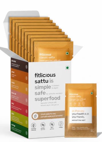 Image of fitlicious Classic Sattu Powder | Bihari Chana Sattu | Natural & Organic | Gluten-Free, Non-GMO | High Protein & Fiber | Instant PremiX | Healthy Drink For All Ages | Pack Of 10 X 40g Sachets