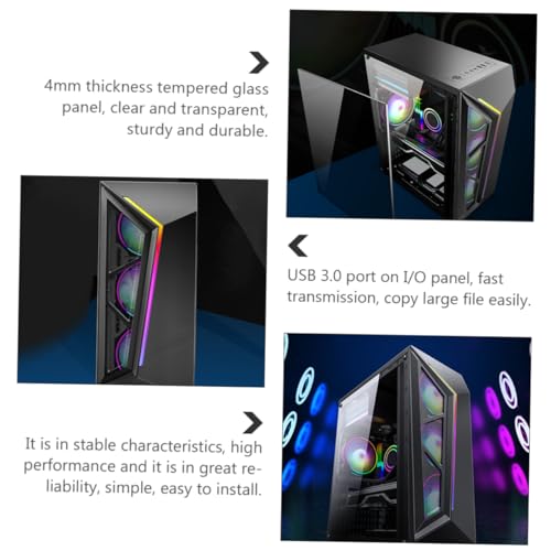 Gabinete de computadora RGB ATX con panel lateral de vidrio templado, efectos de iluminación frescos compatibles con enfriamiento líquido para gamers y creadores de PC miniatura 5