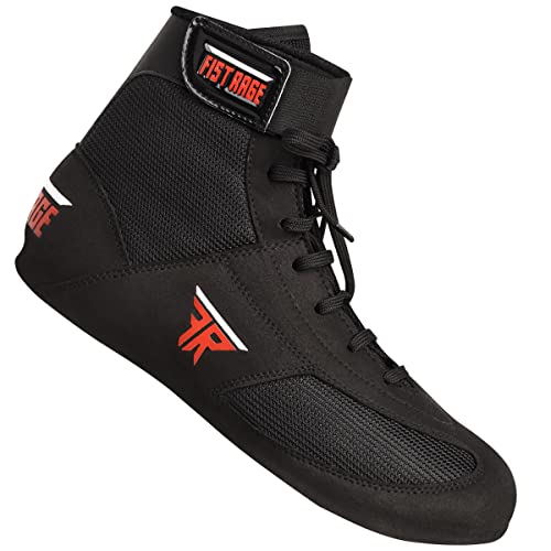 FISTRAGE Leather Kick Boxing Shoes Fighting Sports Master Training Mesh Unisex Pro Men's and Youth Genuine Boot Light Weight | Black Color Boxing Shoes for Adults 6