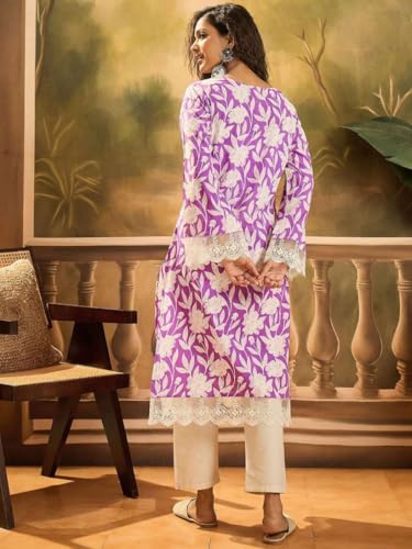 Image of Women's Floral Printed Cotton Afgani Kurta with Lace Detail Full Sleeves
