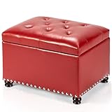 Joveco Leather Storage Ottoman, 24' Rectangle Square Bench Foot Rest Stool for Bedroom Living Room, Red