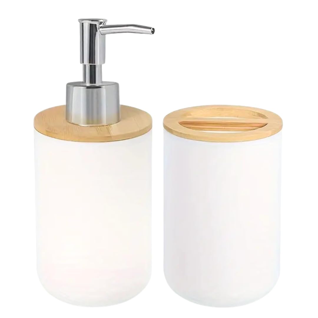 Juego dispensador jabon baño y Vaso con bamú, dispensador de jabón y portacepillos para baño Moderno 350ml, Accesorios Cocina y baño, jabón líquido y Gel Recargable, Botella de jabón Blanco