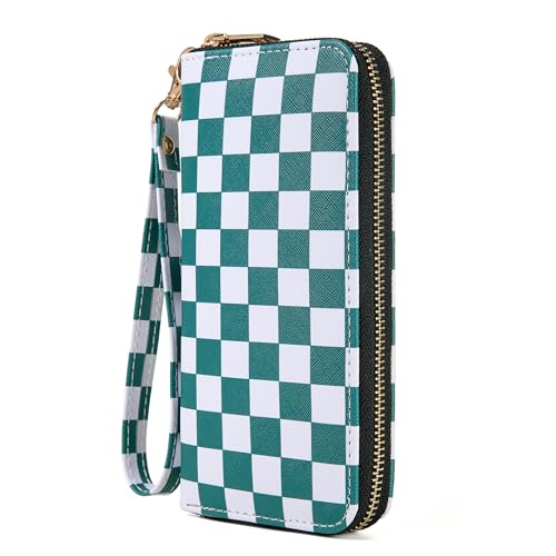 Image of Checkered Highland Cow Print Book Wallet For Women Skull Goth Frog Butterfly Ladies Cluth Wristlet Wrist Strap Long Purse Zip Around Card Holder