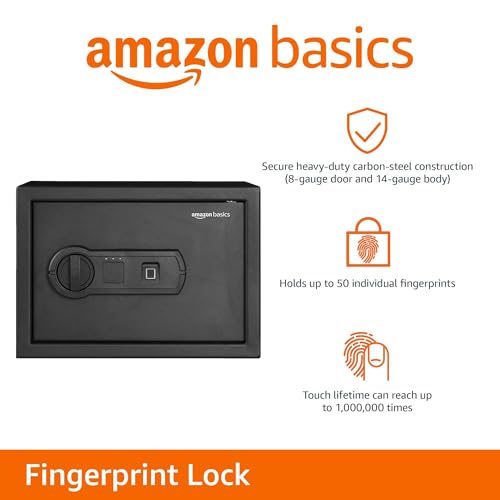 Amazon Basics Steel Home Security Safe with Programmable Biometric Fingerprint Lock, Secure Cash, Jewelry, ID Documents, 14 L, Black, 35 cm W x 24.9 cm D x 24.9 cm H