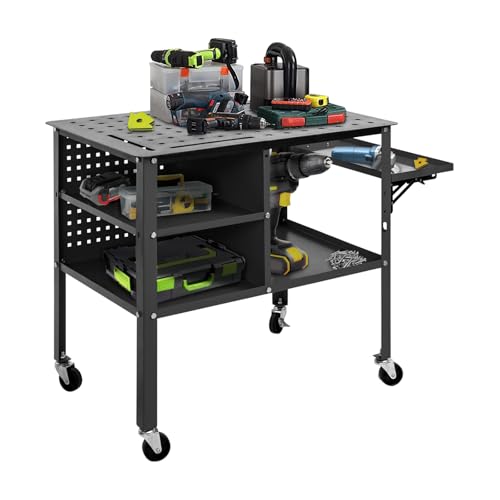 Jenified 36"x24" Welding Table, Portable Rolling Metal Cart with 5/8'' Fixture Holes, 1800lbs Heavy Duty Steel Workbench with Wheels, Extra Middle Shelf & Shelf Storage Tray, Tool Organizer Trolley