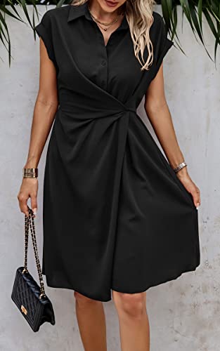 Image of ECOWISH Womens Casual Midi Dresses Solid V Neck Short Sleeve Button Shirt Belted Dress with Pockets for Spring Summer 2026
