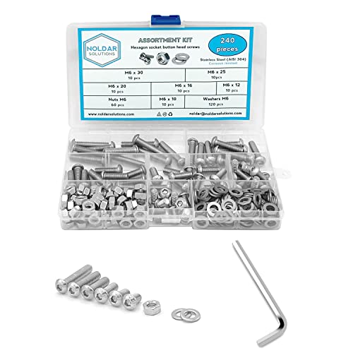 NOLDAR | Surtido de tornillos allen con cabeza botón, tuercas hexagonales y arandelas planas. Kit tornillería de acero inoxidable de 240 piezas. Métrico M6. Longitudes desde 10 mm hasta 30 mm.