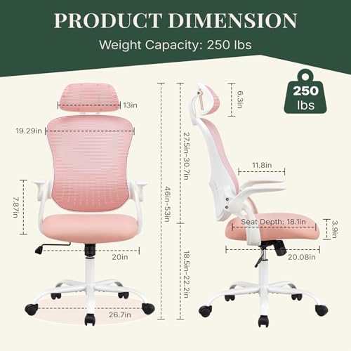 Image of Ergonomic Office Chair, Comfy Desk Chair with Wheels, Adjustable Headrests, Flip-Up Armrests, Breathable Mesh High-Back, Comfortable Swivel Seating for Home Computer, Pink