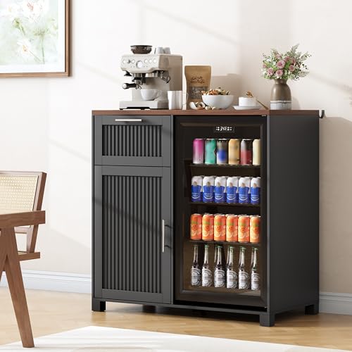 Image of 38.6 inch Long Fluted Mini Fridge Cabinet with Power Outlet & Drawer, Black